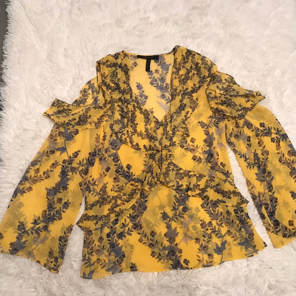 BCBG Max Azria Womens Yellow Sheer Floral XXS